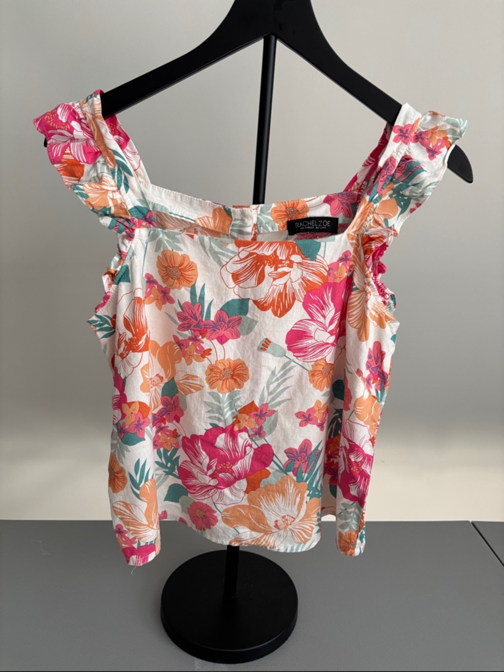 Rachel Zoe White Floral Ruffle-Strap Tank Top — Pink & Orange Print